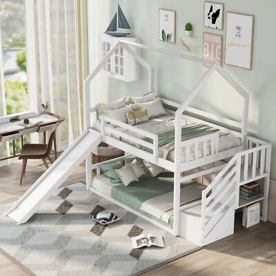 Twin Over Twin House Bunk Bed Wood Bed Frame w/Staircase & Convertible Slide - Image 1 of 4