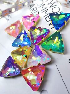 10pcs 18mm Candy Colour Glass Sew On Triangles Crystals Gems Rhinestones Beads