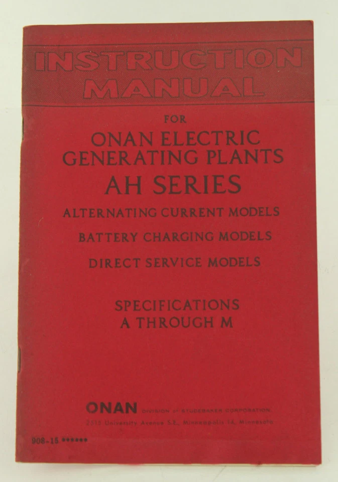 Vintage ONAN AH Series Electric Generator Instruction Manual - Image 1 of 1