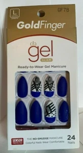 LOTE de 3 Uñas Doradas Manicura Largo Azul con Acentos Blanco y Negro Almendra - Imagen 1 de 1