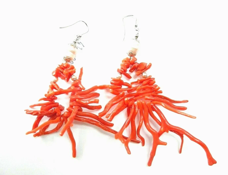ORECCHINI RAMETTI CORALLO con perle naturali ARGENTO 925% portafortuna - Immagine 1 di 1