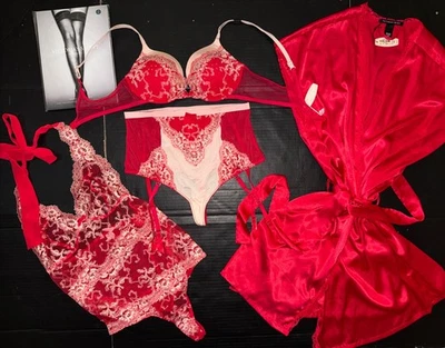 Victoria's Secret 34A,36A JUEGO DE SUJETADOR + Tanga de liga + M PELUCHE + VESTIDO ROJO blanco malla de encaje Foto 1 de 4