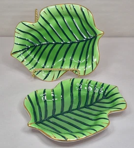 (2) Lynn Chase Jaguar Jungle Leaf Shaped Soap Trinket Dishes 6.75" Gold Trimmed - Picture 1 of 13