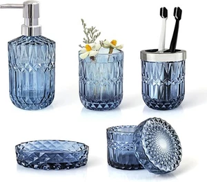Blue Bathroom Accessories Set, 5Pcs Clear Glass Accessories, - Picture 1 of 7