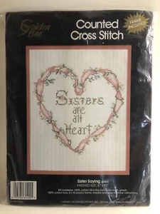 Schwestern sind alle Herzen gezählt Kreuzstich Set 8x 10 mit Rahmen Goldene Biene NEU - Bild 1 von 4