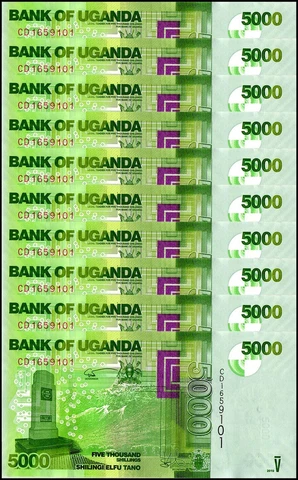 10 x Uganda 5,000 Shillings Banknote, 2019, P-51f, UNC  USA SELLER Cover
