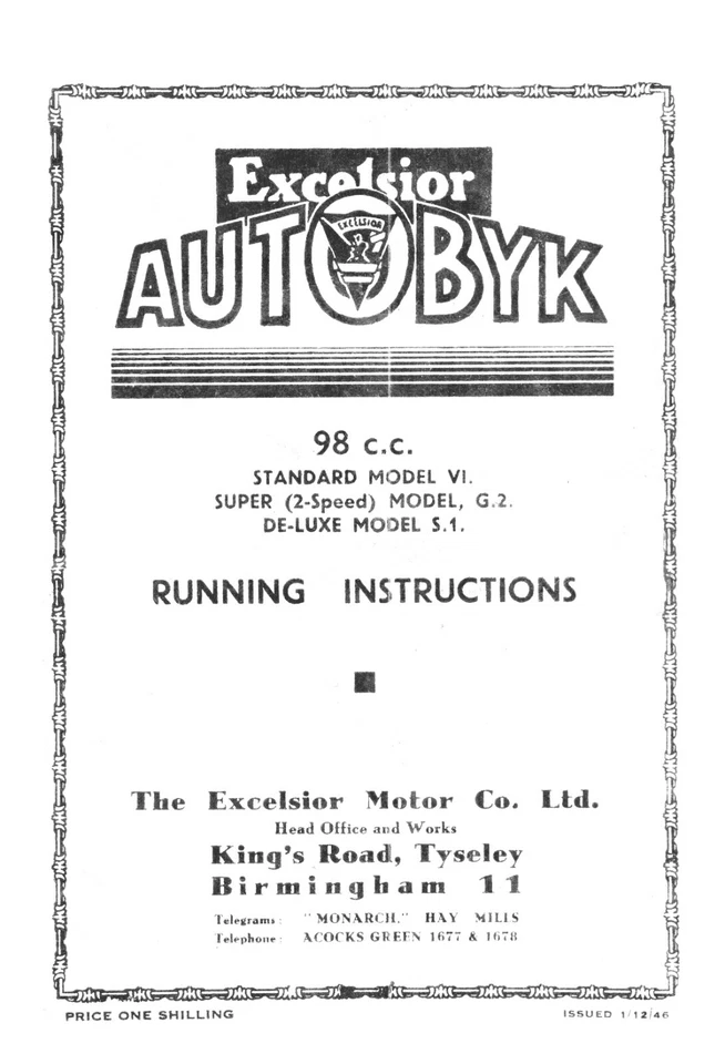 (0527) 1947-1949 Excelsior Autobyk instructions - Image 1 of 1