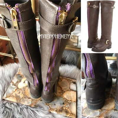 Botas Altas EXPUESTAS Lila Púrpura Cremallera Motocicleta Marrón Seta 6.5 UEC Foto 1 de 4