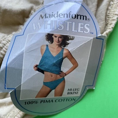MAIDENFORM Whistles Panty Hi Leg Bikini Pima Cotton 80s Vtg 7 Tan Deadstock - Image 1 of 4