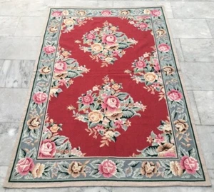 Vintage French Style Aubusson Needlepoint Chain Stitch Area Rug 4x6 ft Free Ship - Picture 1 of 7