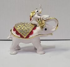 Bejeweled White Elephant & Baby Hinged Hand Painted Metal Crystal Trinket box