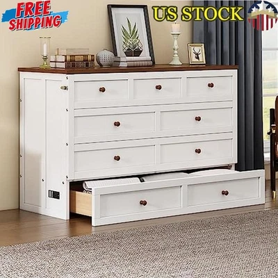 Full Size Murphy Bed W/ Storage Drawers & Charging Station Home Office Durable - Image 1 of 4