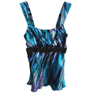 Y2K BCX Tanktop mit abstraktem Druck Damen S – blau/türkis/lila Bluse mit Knotentaille - Bild 1 von 12