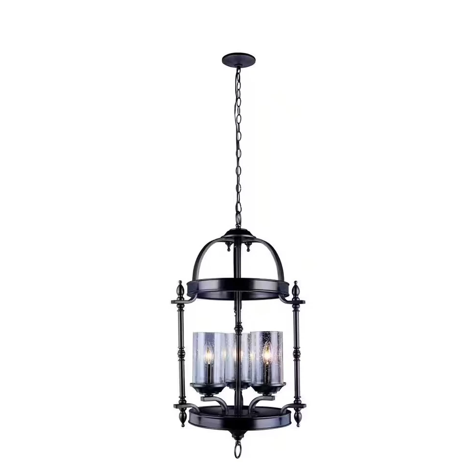 World Imports Tresor 3-Light Pendant, Antiqued Pewter, Clear Seeded Glass Shades - Image 1 of 2