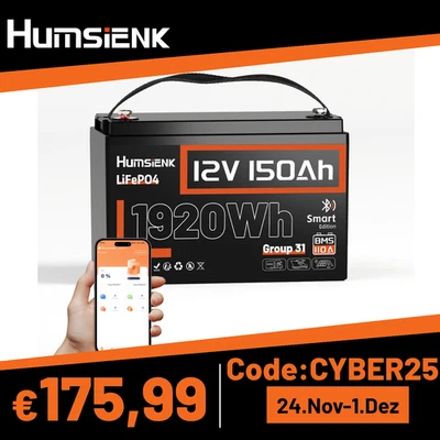 HUMSIENK LiFePO4 150Ah 12V Akku Lithium Batterie 150Ah BMS 110A Bluetooth Wohnmobil Camp