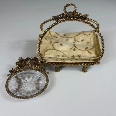 Vtg Gold Rose Vanity Set Guest Towel Holder & Crystal Soap Dish Bathroom Decor - Image 1 of 4