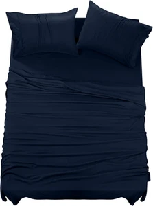 4 Piece Bed Sheet Set (Navy Blue, Queen) Polyester Microfiber – Set Includes 1 F - Picture 1 of 5