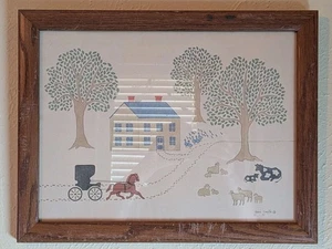 Vintage Jean Smith Folk Art  Print 18 x 14" Wood Framed Horse Buggy Trees House - Picture 1 of 9