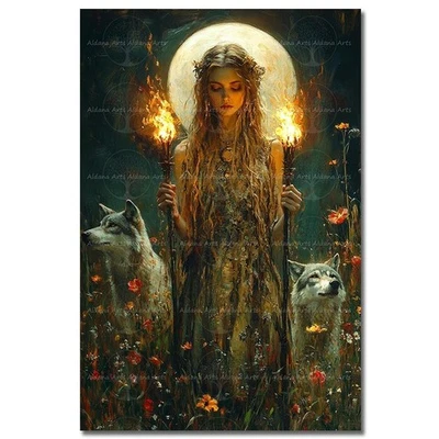 HECATE ART PRINT, Wolf Gothic Pagan Decor Witchy Goddess Fantasy Moon Poster - Image 1 of 2