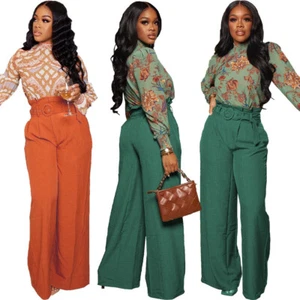 Fashion Women's Belted Solid Casual Straight Long Trousers Pants Bottoms OL - Picture 1 of 9