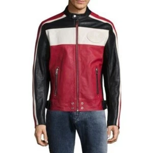 DIESEL Leather Biker Jacket L STREET Bomber Red White Black XXL Moto Motorcycle - Picture 1 of 10
