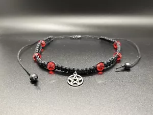 Woman’s Pentagram Star Choker necklace Black Hemp Ruby Red Crystal - Picture 1 of 2