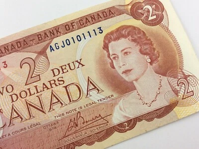 Near Binary 1974 Canada 2 Dollar Circulated Banknote AGJ Lawson Bouey V011 - Image 1 of 4