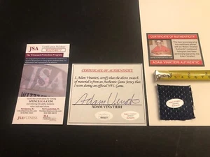 JSA ADAM VINATIERI FULL AUTO SIGNED CERTIFICATE + PIECE OF GAME USED JERSEY 077 - Picture 1 of 4
