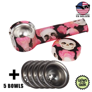 Silicone Pipe with Cap & Metal Bowl ~ Skull n Rose +5 bowls ~ 3.5 inch - Picture 1 of 1