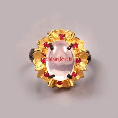 Natürlich Rose Quarz & Heizbar Rubin Mit Viktorianischer Stil Silber Damen Ring - Bild 1 von 4