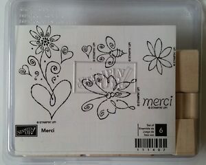 Stampin Up Merci Stamp Set Butterfly Bee Flowers Unmounted Wood