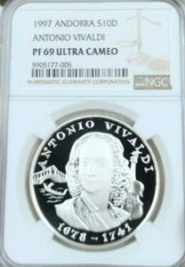 1997 ANDORRA SILVER 10 DINERS ANOTONIO VIVALDI NGC PF 69 ULTRA CAMEO TOP POP - Picture 1 of 4