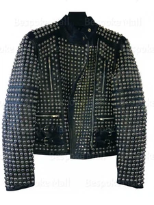 New Woman Black Full Silver Studded Quilted Zippered Cowhide Leather Jacket-180 - Picture 1 of 4