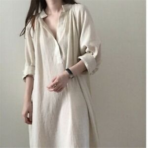 Women Long Sleeves Cotton Linen Shirt Dress Long Maxi V-Neck Loose Casual Dress