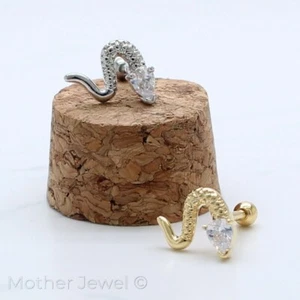 SIMULATED DIAMOND SNAKE SERPENT SILVER 14K YELLOW GOLD IP CARTILAGE LABRET STUD - Picture 1 of 10