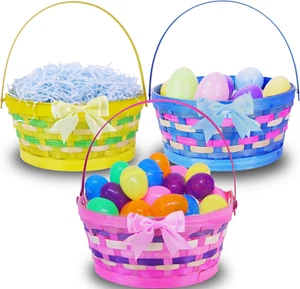 3 Pcs Easter Baskets for Kids, Colorful Bamboo Woven Easter Egg Hunt Buckets wit - Picture 1 of 12