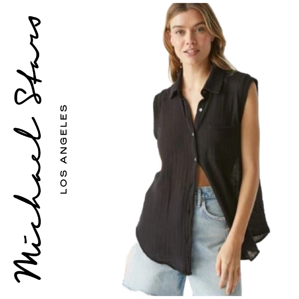 Michael Stars Monique Sz XS Black Sleeveless Double Gauze Button Front Blouse - Image 1 of 4