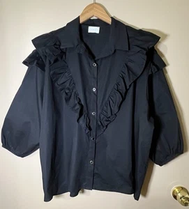 Karlie Black Ruffled Blouse Women's Large Cotton Stretch Style #QT4854KL - Picture 1 of 9