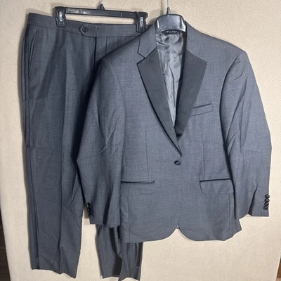 Jos A Bank 38R Dark Gray Tuxedo 1 Button Formal Black Satin Lapel Striped Wool - Image 1 of 4