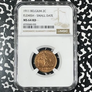 1911 Belgium 2 Centimes NGC MS64RD Lot#G9957 Choice UNC! Flemish KM#65 - Picture 1 of 3