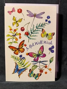 Get Well Soon Wishes Greeting Card Butterflies Dragonflies Berries - Picture 1 of 2