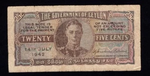 Ceylon 25 Cents 1942 * F-VF * P44 * King George VI * - Picture 1 of 2