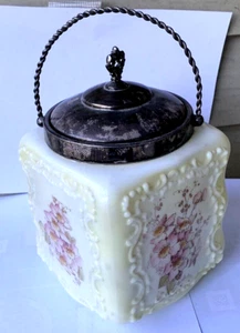 Antique Victorian Posibably Wavecrest Glass Biscuit Jar w/ Floral Decoration - Picture 1 of 6
