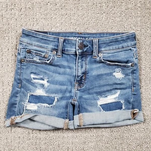 Pantalones Cortos American Eagle Para Mujer Talla 00 Azul Corte Denim Midi Desgastados Puños - Imagen 1 de 9