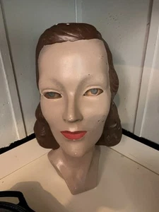 vtg Creepy 40 50s ART DECO Chalkware Plaster 14” MANNEQUIN HEAD wig/hat Display - Picture 1 of 7