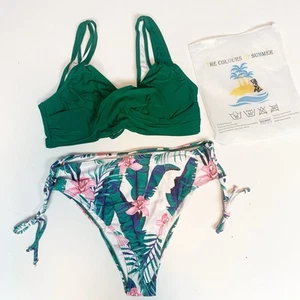 Womens Bikini Size Large Tropical Floral White Green Black High Rise Tie Sides - Picture 1 of 7