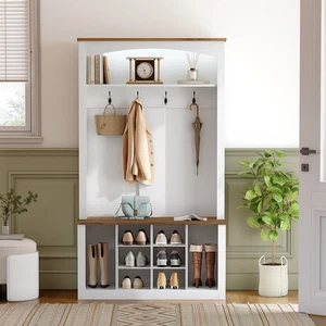 Farmhouse Hall Tree With Led Light Strip Coat Rack With Bench And Shoe Storage - Picture 1 of 13