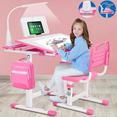 Rosa Mädchen Kinder Arbeitszimmer Schreibtisch Stuhl Set Höhenverstellbar Schüler Tischlampe, Schublade - Bild 1 von 4