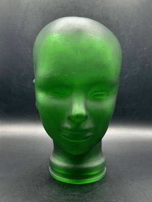 Vintage Extremely RARE Satin Green Glass Mannequin Head Hat Display 11"x7" - Image 1 of 4