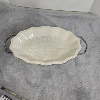 GODINGER BLESS THIS HOME WHITE PORCELAIN BREAD TRAY wSILVER SERV RACK VGUC - Image 1 of 4